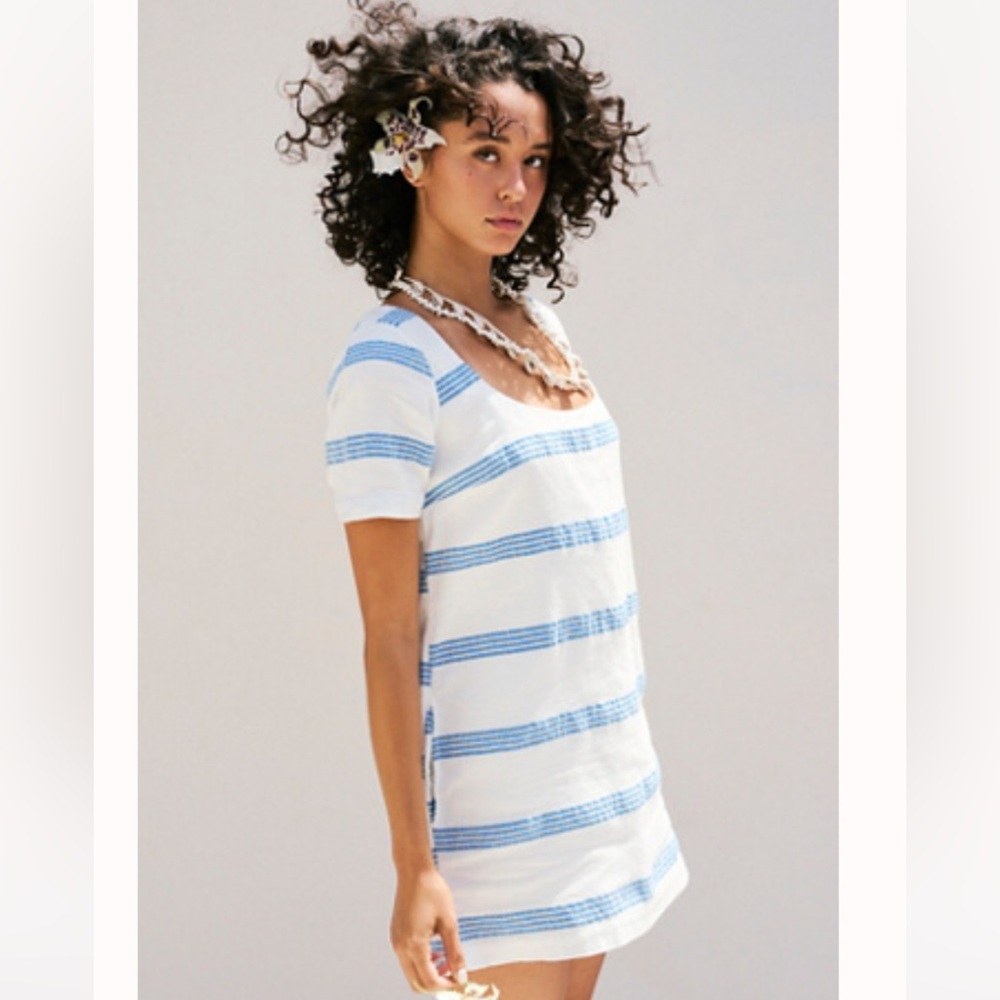 Free People Tres Chic Mini Romper. Blue and white. Large. New with tags.